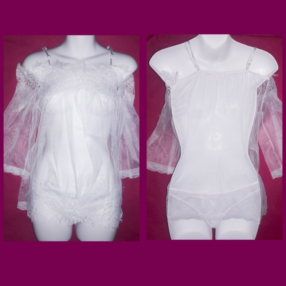 Cold Shoulder Sheer White Mesh Lace Babydoll Set - Picture 2 of 8